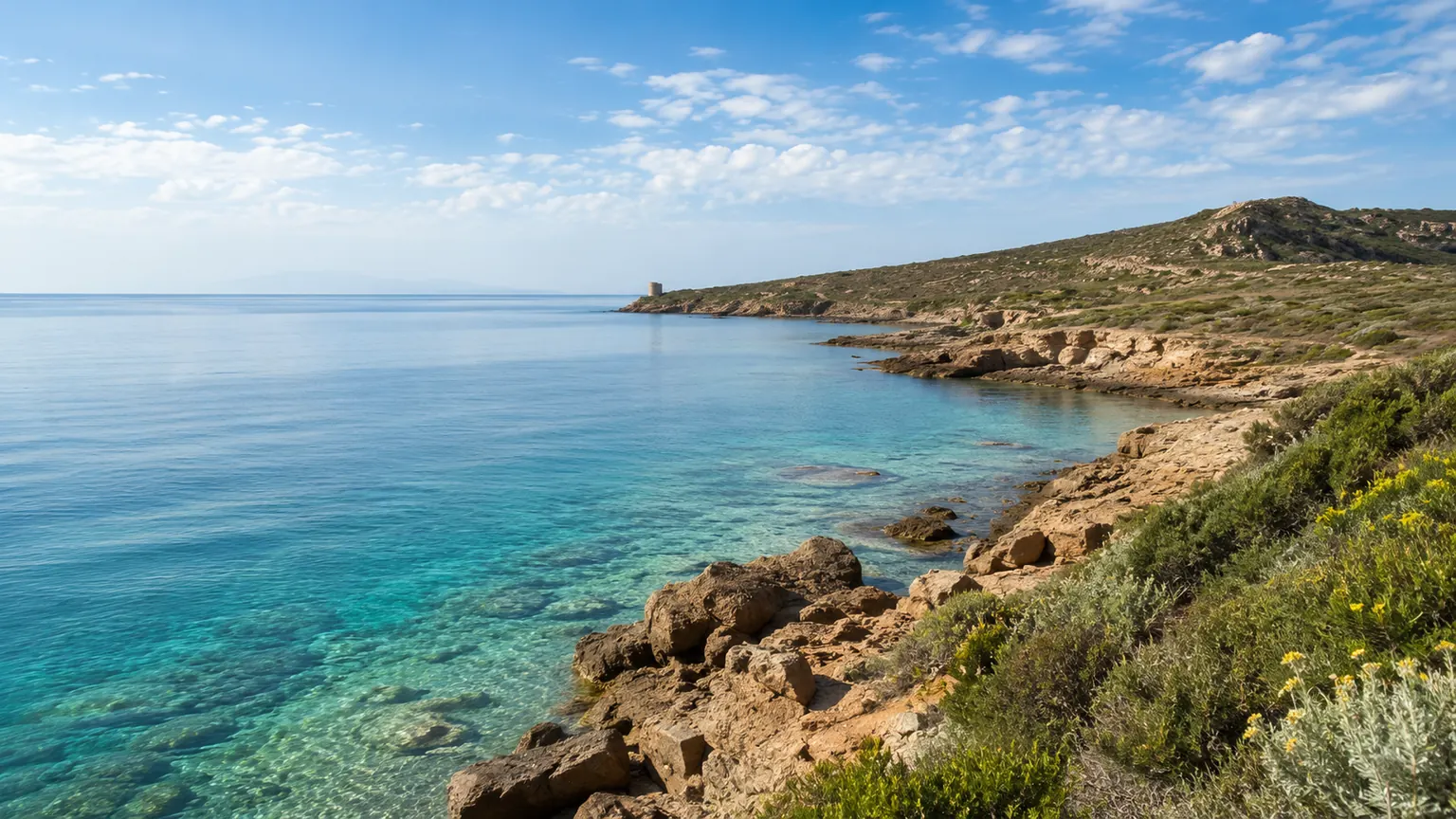 Panorama della costa del Sinis con mare turchese, scogliere e promontorio mediterraneo